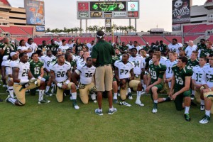 Head Coach Willie Taggart speaks to his team at the conclusion of the 2013 USF Football Spring Game. Taggart spoke on the importance of senior leadership and hard work on and off the field. 