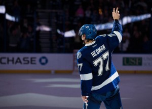 Victor Hedman, who earned first star honors for his two goals and one assist against the Philadelphia Flyers, waves to fans at the Tampa Bay Times Forum. (Image courtesy of tampabaylightning.com and Scott Audette of Getty Images)