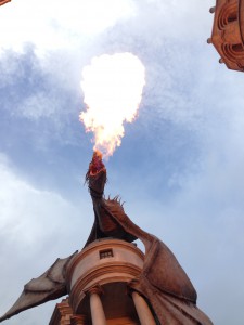 A Ukrainian Ironbelly dragon spews flames on top of the Gringotts Bank in Diagon Alley. The extension park of the Wizarding World of Harry Potter opened July 8 at Universal Studios in Orlando.
