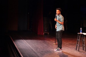 Jermaine Fowler entices the crowd of students with jokes about lizards, relationships, and roommates. The comedian has performed with MTV’s Guy Code, College Humor, and his latest project, Friends of the People.