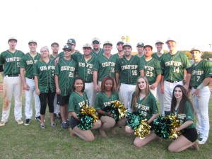 The USFSP baseball club and dancers gather for their team photo following their 3-2 win over FSU.