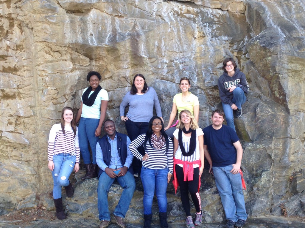 A group of USF St. Petersburg students explore Asheville during their down time. From left to right and top to bottom: Gloria Ikeji, Angela Wilson, Tanja Svrdlin, Tsigana Kubiszak, Mariah Hellstrom, Alphonso Williams, Tamiracle Williams, Alexandra Stocks and trip leader James Greene.