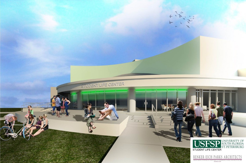 The summer renovations of the Student Life Center include plans to tear down the existing wall in front of the building, using the existing concrete as a stage, and the lawn as a place for students to gather.