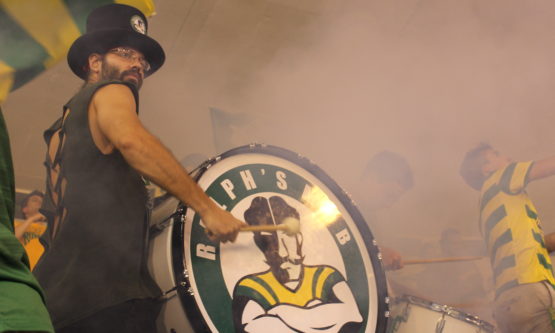 Bang, Bang: Aron Retkes, the band director for Ralph’s Mob beats on the drum at the game on Saturday. The Rowdies won 2-0. 