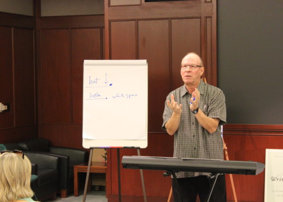 Musically Inclined: Roy Peter Clark during the 2015 Festival of Reading. During his lecture, Clark discussed the similarities between songwriting and sentence structure. 